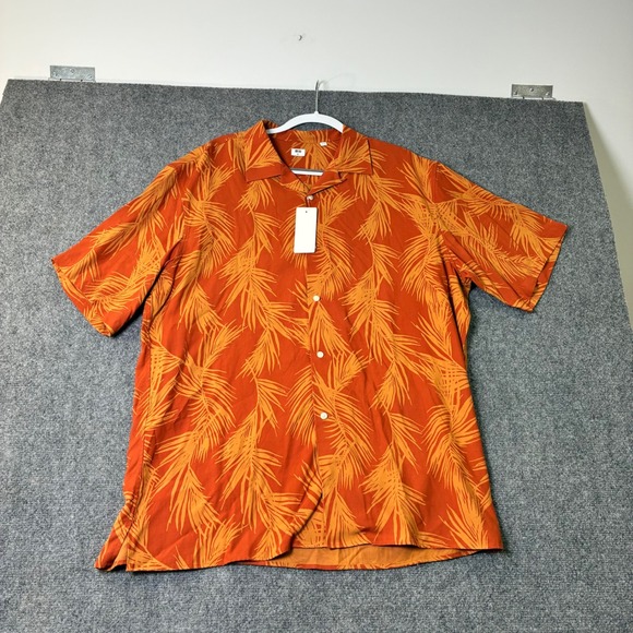 NWT‎ Uniqlo Button Up Shirt Tropical Palm Leaf Print Short Sleeve Orange XL - Picture 1 of 6